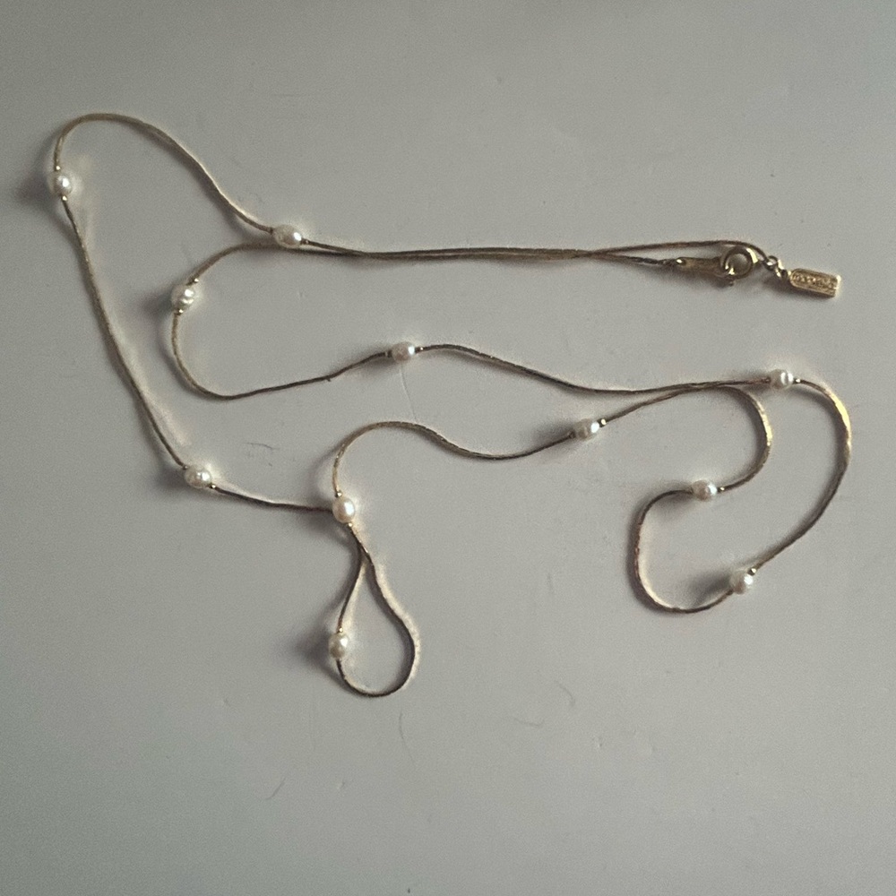 Marvella Vintage Gold tone Station Snake Chain Necklace Faux Pearls